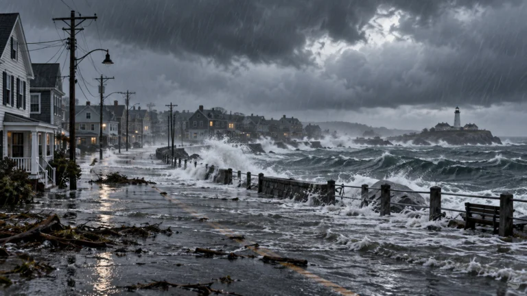 Illustrazione di una strada costiera allagata e mare agitato durante una tempesta nel Nordest degli Stati Uniti.