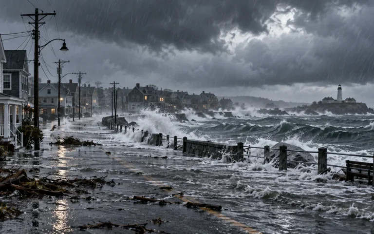 Illustrazione di una strada costiera allagata e mare agitato durante una tempesta nel Nordest degli Stati Uniti.