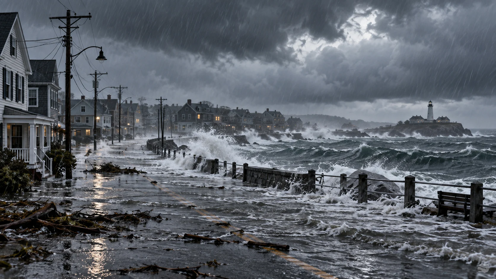 Illustrazione di una strada costiera allagata e mare agitato durante una tempesta nel Nordest degli Stati Uniti.