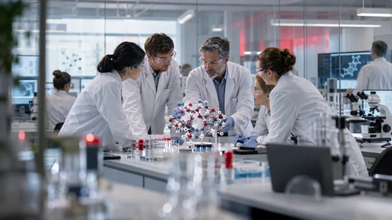 Ricercatori farmaceutici analizzano molecole e dati clinici per la pipeline di Novo Nordisk