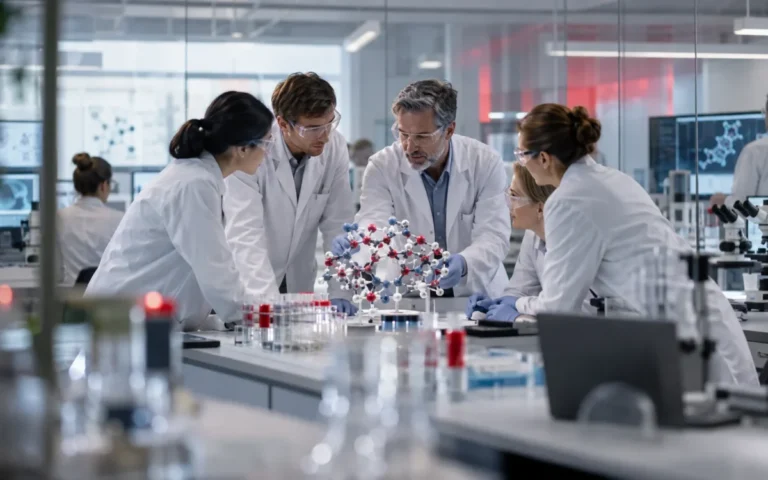 Ricercatori farmaceutici analizzano molecole e dati clinici per la pipeline di Novo Nordisk