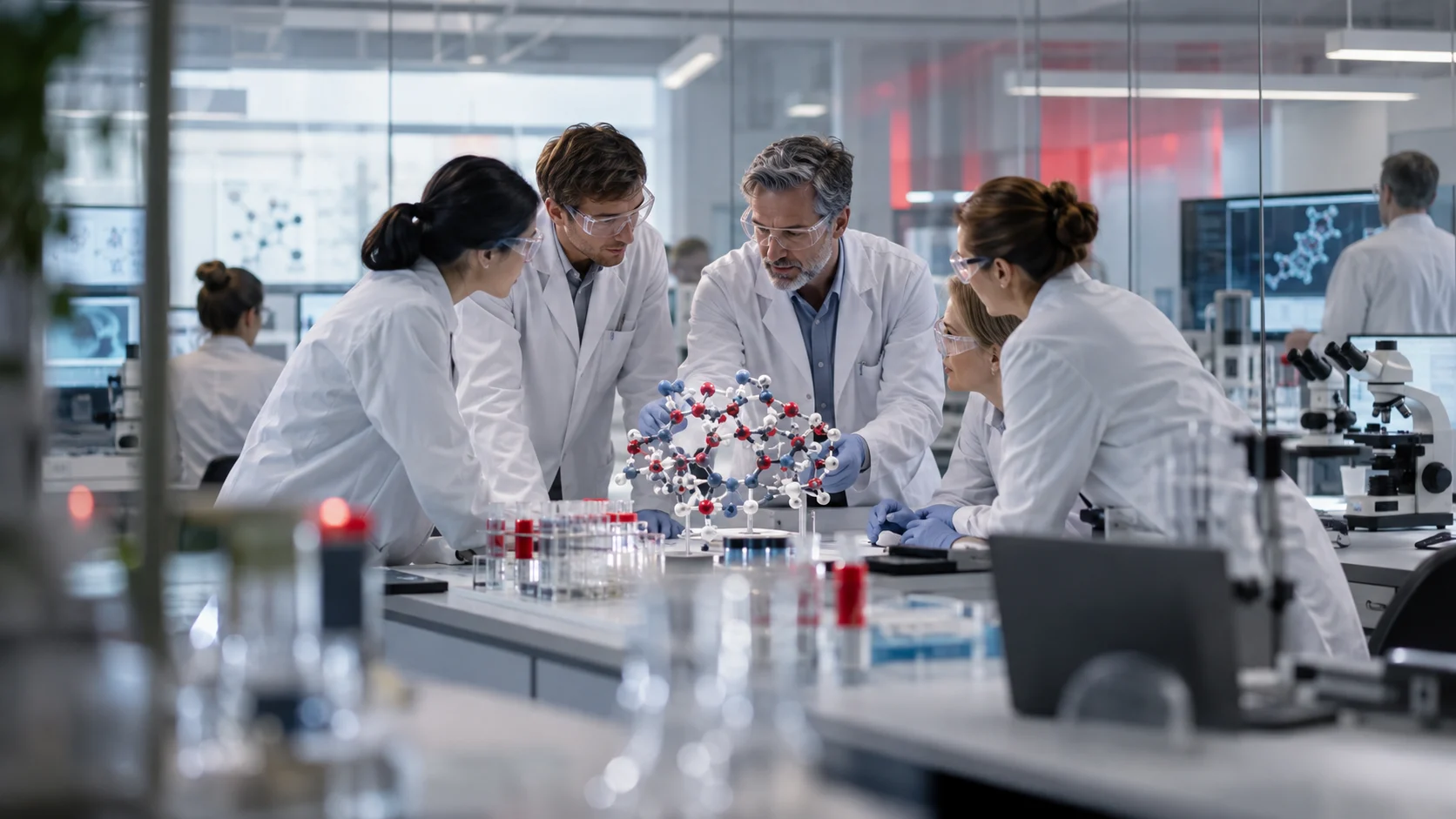Ricercatori farmaceutici analizzano molecole e dati clinici per la pipeline di Novo Nordisk