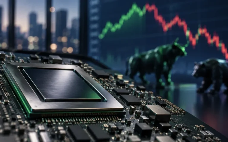 Illustrazione di un chip su circuito elettronico con grafici di mercato sfocati sullo sfondo