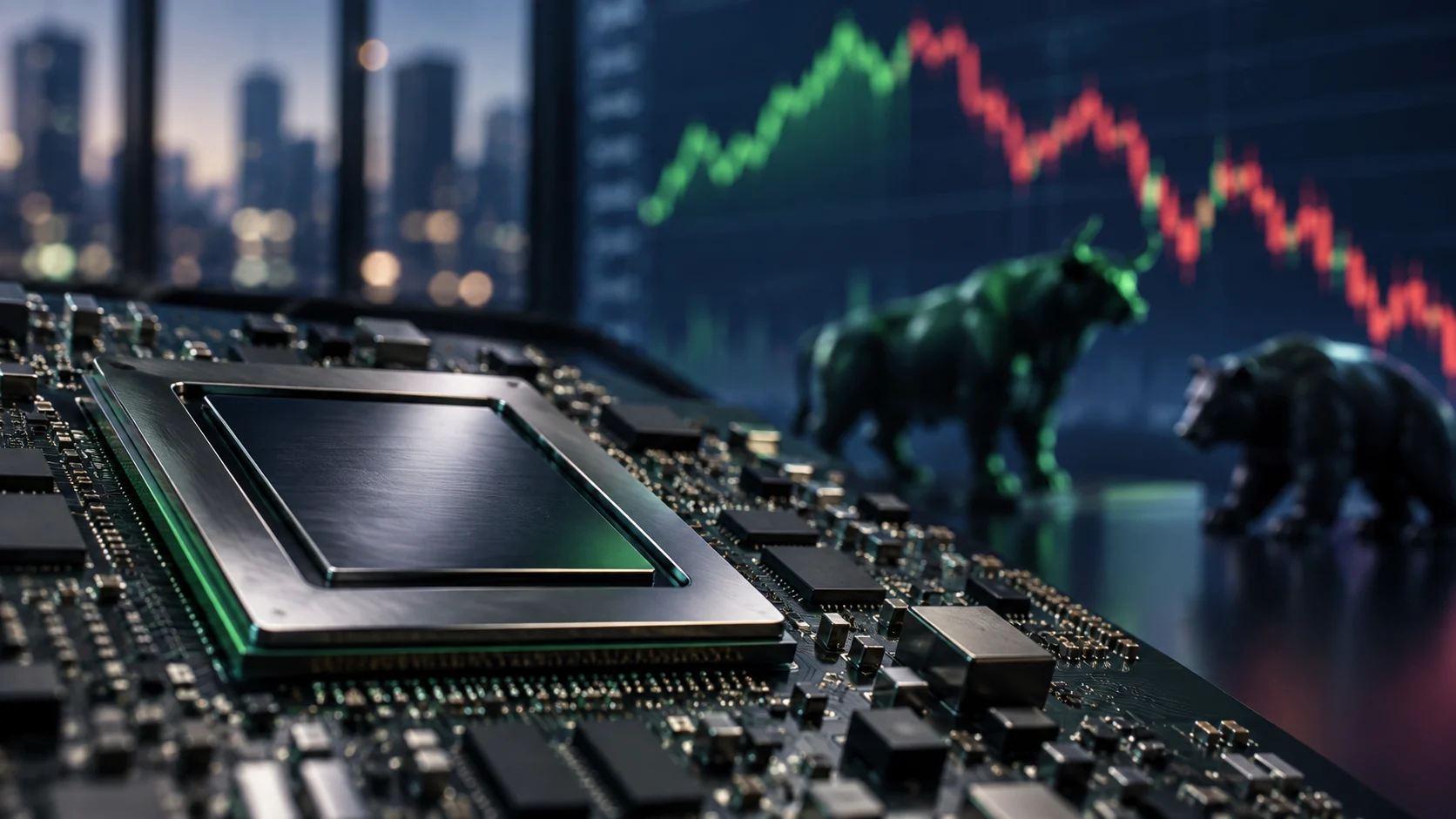 Illustrazione di un chip su circuito elettronico con grafici di mercato sfocati sullo sfondo