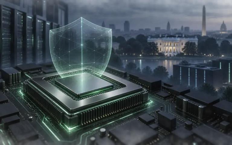 Processore illuminato di verde sotto uno scudo trasparente, con la Casa Bianca sullo sfondo: illustrazione del dibattito sulla sicurezza IA