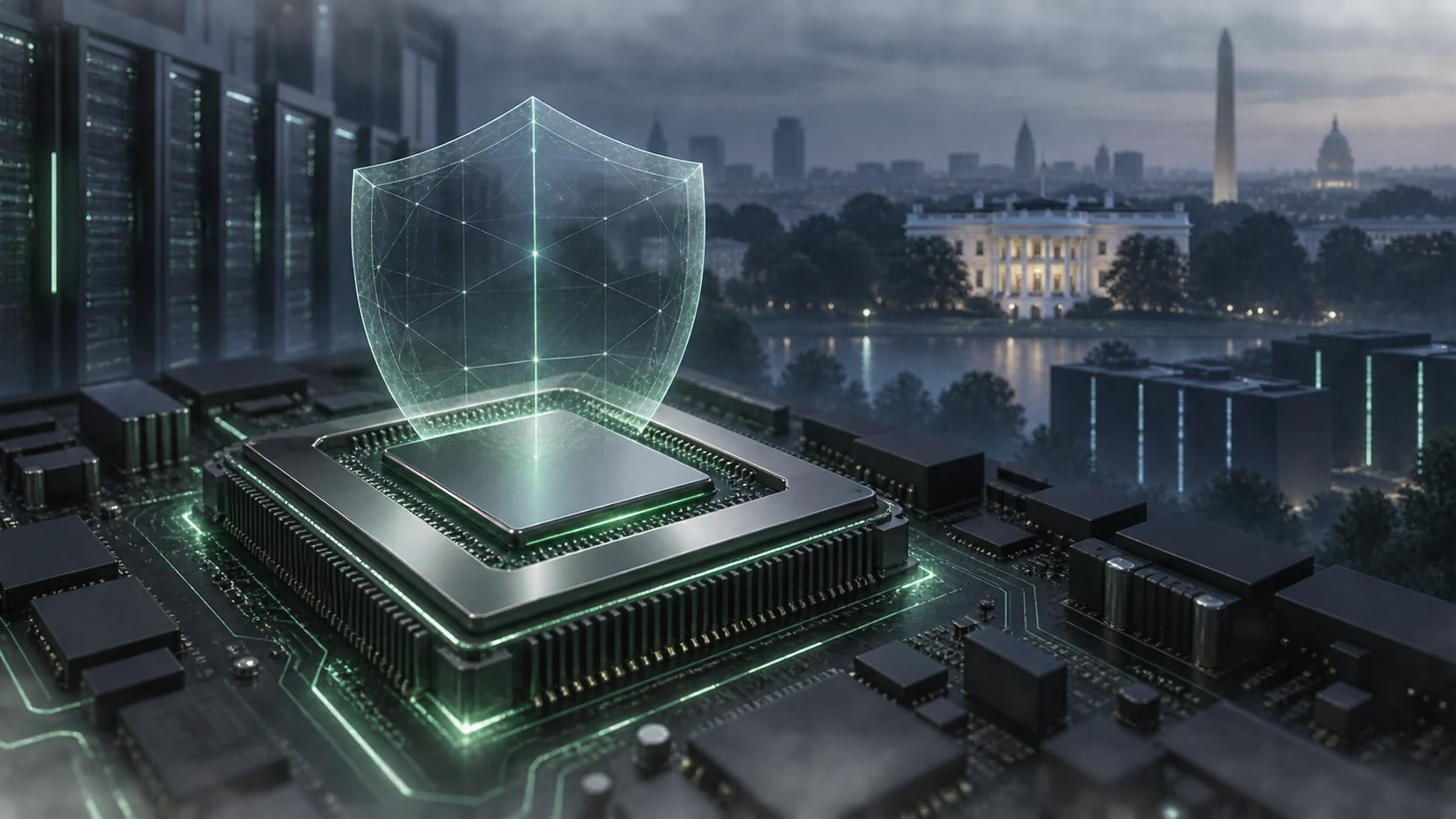 Processore illuminato di verde sotto uno scudo trasparente, con la Casa Bianca sullo sfondo: illustrazione del dibattito sulla sicurezza IA