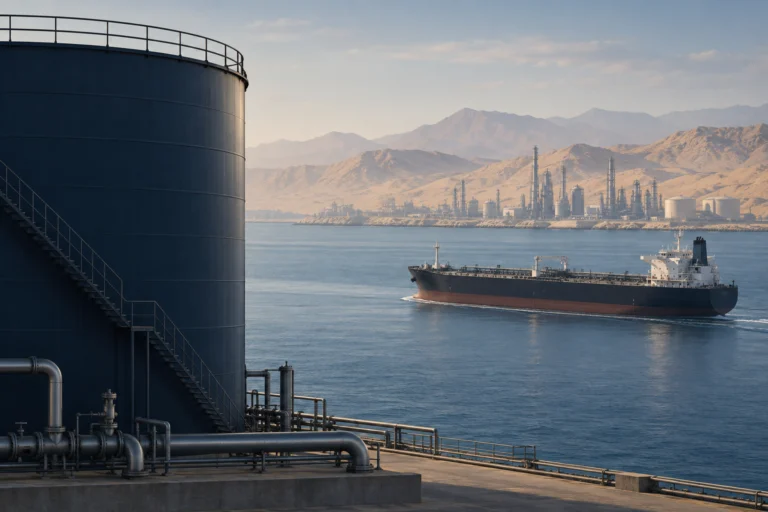 Illustrazione di un deposito petrolifero e di una petroliera in un canale marittimo