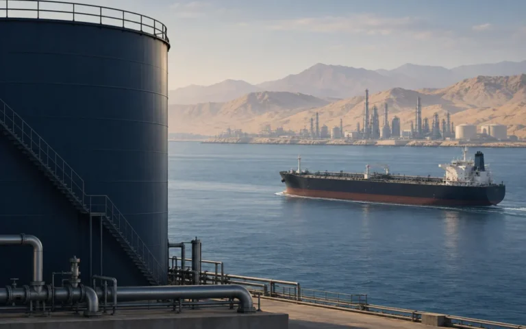 Illustrazione di un deposito petrolifero e di una petroliera in un canale marittimo