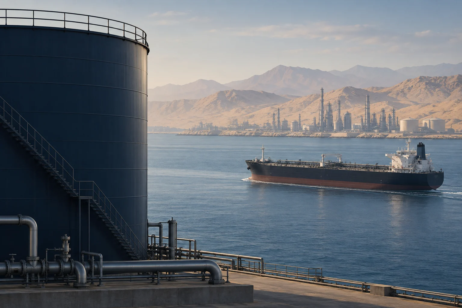 Illustrazione di un deposito petrolifero e di una petroliera in un canale marittimo