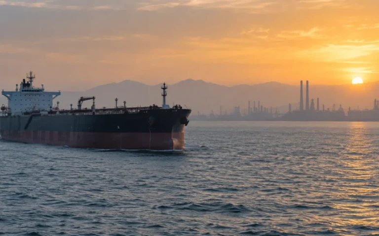 Petroliera al largo in una luce mattutina, immagine illustrativa del mercato del greggio