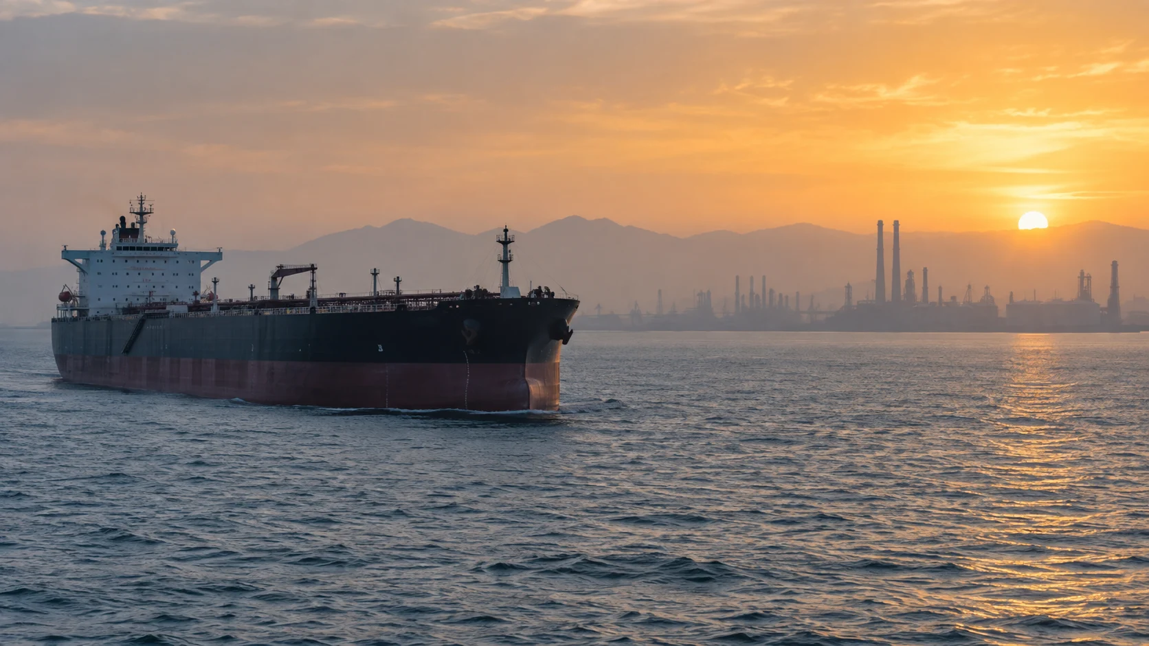 Petroliera al largo in una luce mattutina, immagine illustrativa del mercato del greggio
