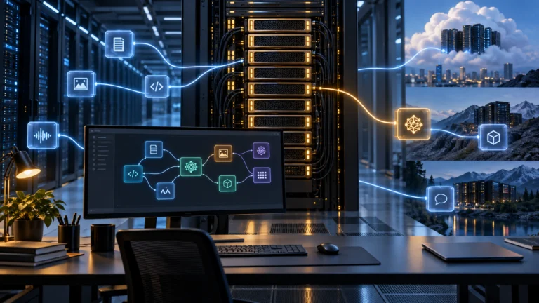 Illustrazione di un data center e di percorsi alternativi per distribuire modelli di intelligenza artificiale
