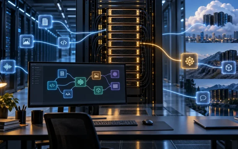 Illustrazione di un data center e di percorsi alternativi per distribuire modelli di intelligenza artificiale