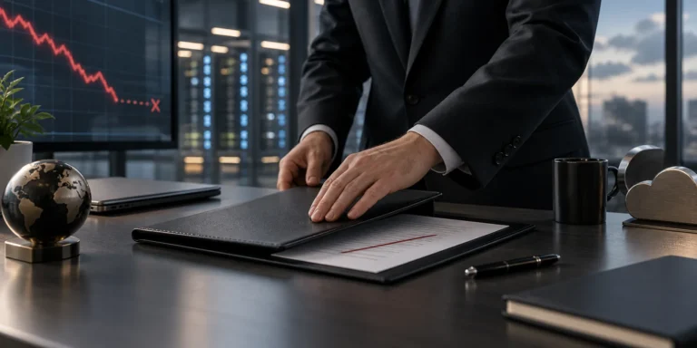Dirigente anonimo chiude un fascicolo finanziario in un ufficio con infrastruttura cloud sullo sfondo
