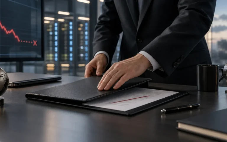 Dirigente anonimo chiude un fascicolo finanziario in un ufficio con infrastruttura cloud sullo sfondo