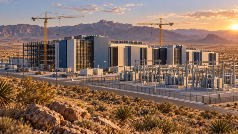 Illustrazione di un data center in costruzione nel deserto del New Mexico, con gru e infrastrutture elettriche.