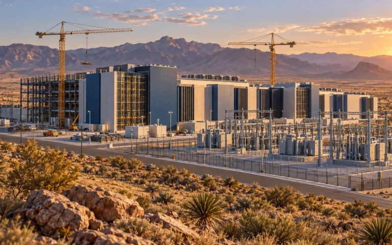 Illustrazione di un data center in costruzione nel deserto del New Mexico, con gru e infrastrutture elettriche.