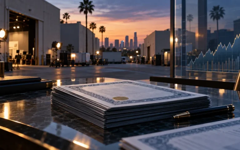 Obbligazioni e grafico finanziario davanti a uno studio cinematografico al tramonto, illustrazione del finanziamento Paramount-Warner