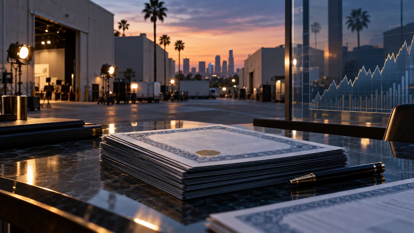 Obbligazioni e grafico finanziario davanti a uno studio cinematografico al tramonto, illustrazione del finanziamento Paramount-Warner