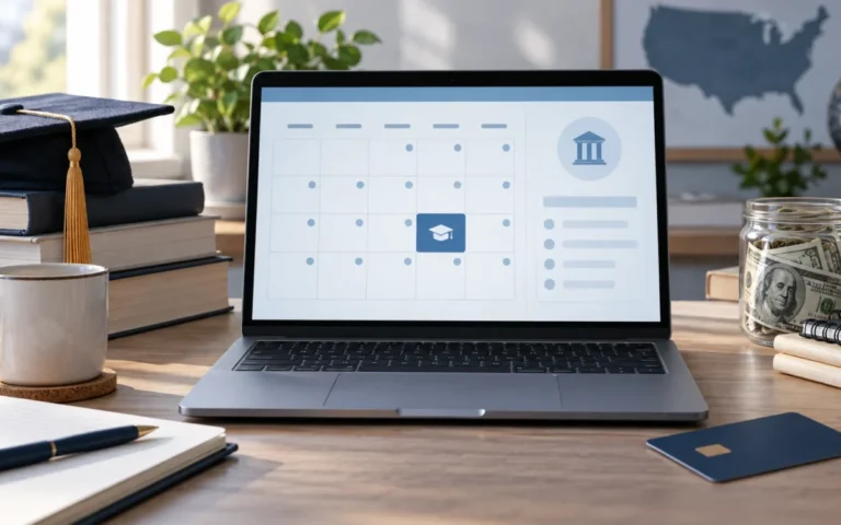 Scrivania con computer che mostra un calendario di pagamenti, libri universitari e denaro per illustrare i prestiti studenteschi negli Stati Uniti