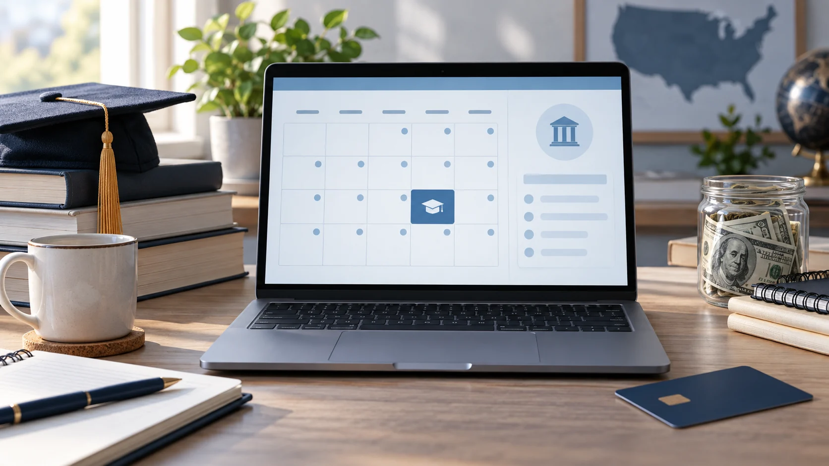 Scrivania con computer che mostra un calendario di pagamenti, libri universitari e denaro per illustrare i prestiti studenteschi negli Stati Uniti