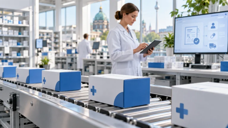 Immagine illustrativa generata con IA di una farmacia online con confezioni in spedizione e ricette elettroniche; non raffigura strutture reali di Redcare Pharmacy.