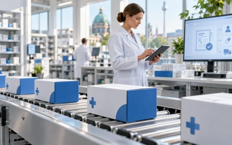 Immagine illustrativa generata con IA di una farmacia online con confezioni in spedizione e ricette elettroniche; non raffigura strutture reali di Redcare Pharmacy.