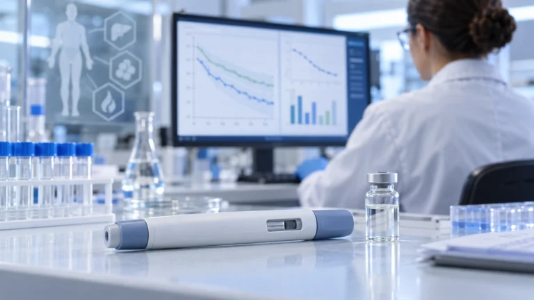 Penna iniettabile senza marchio in un laboratorio mentre una ricercatrice analizza dati metabolici