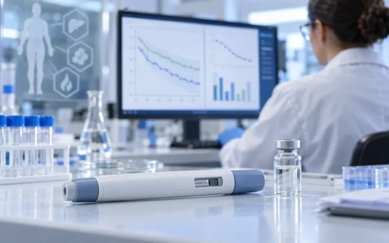 Penna iniettabile senza marchio in un laboratorio mentre una ricercatrice analizza dati metabolici