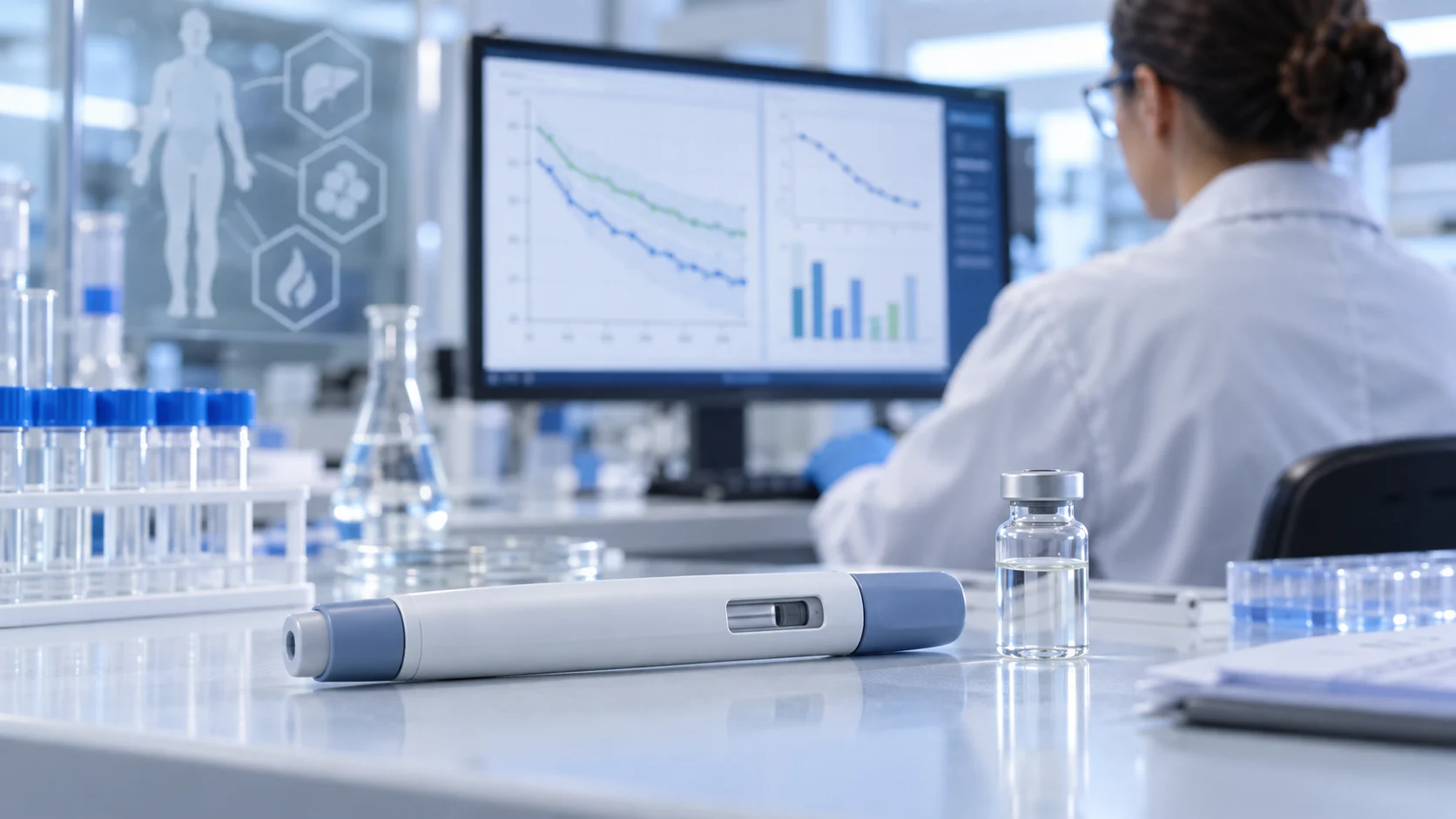 Penna iniettabile senza marchio in un laboratorio mentre una ricercatrice analizza dati metabolici