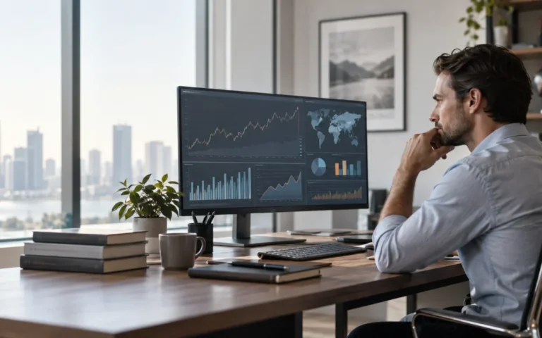Illustrazione di un investitore davanti a grafici finanziari su un monitor; non rappresenta l’app Robinhood.