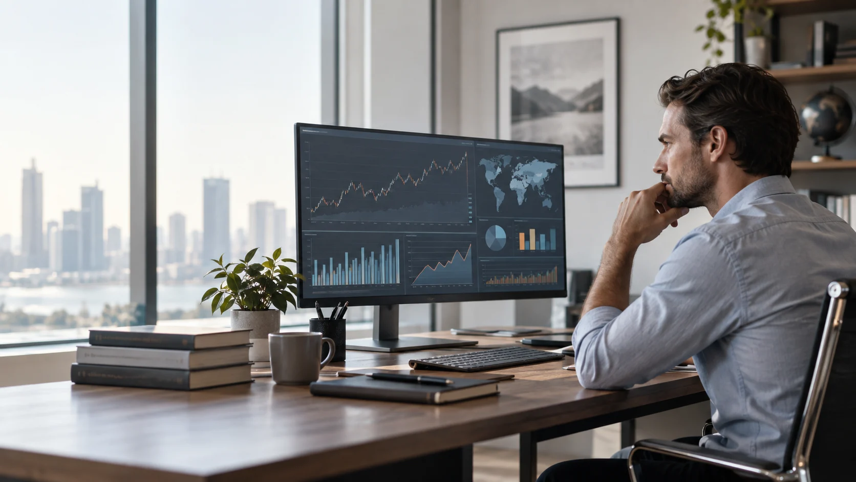 Illustrazione di un investitore davanti a grafici finanziari su un monitor; non rappresenta l’app Robinhood.