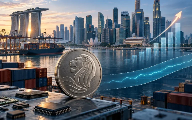 Skyline e porto di Singapore con semiconduttori, moneta simbolica e corridoio del cambio in rialzo
