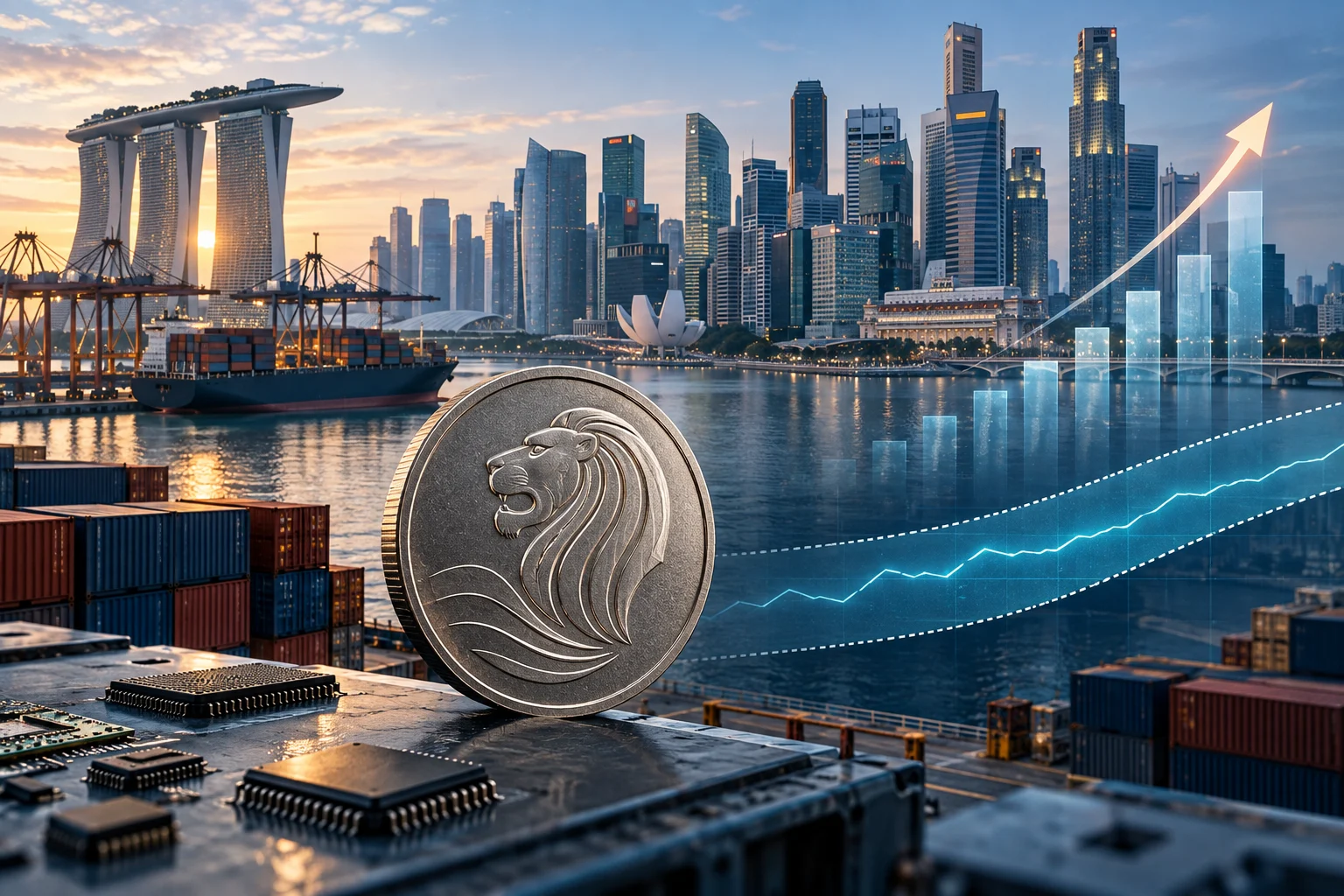 Skyline e porto di Singapore con semiconduttori, moneta simbolica e corridoio del cambio in rialzo