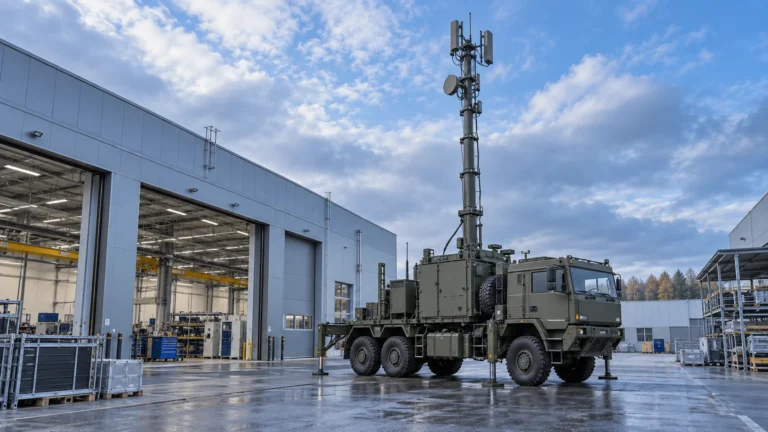 Immagine illustrativa generata con IA di un’antenna mobile accanto a uno stabilimento industriale; non raffigura un impianto o un prodotto SMAG reale.