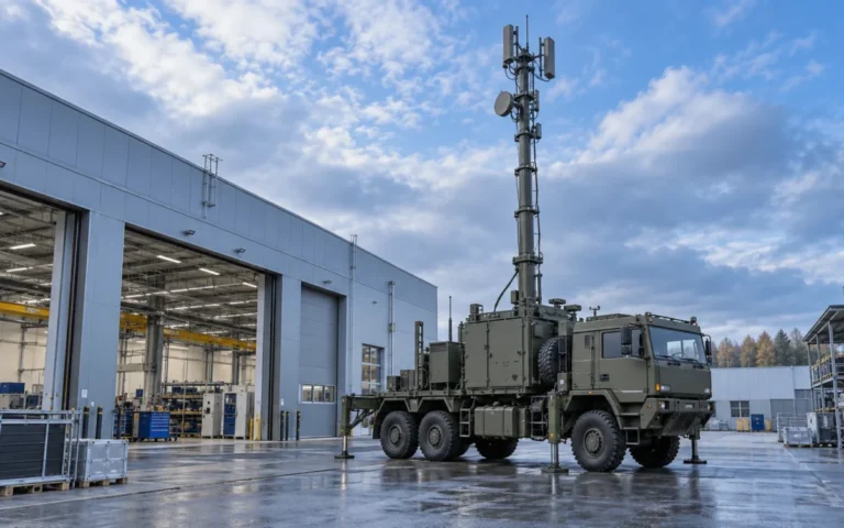 Immagine illustrativa generata con IA di un’antenna mobile accanto a uno stabilimento industriale; non raffigura un impianto o un prodotto SMAG reale.