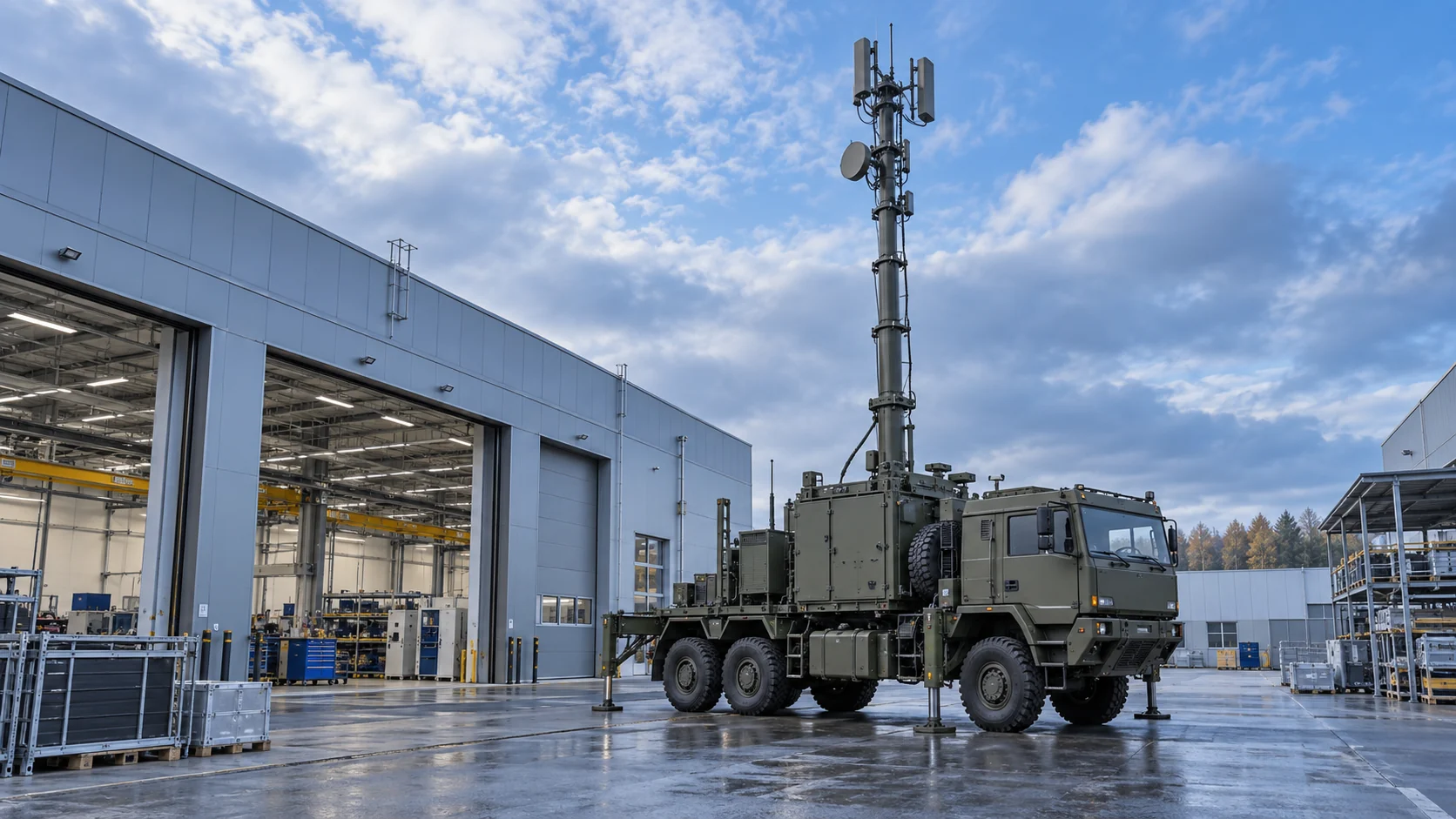 Immagine illustrativa generata con IA di un’antenna mobile accanto a uno stabilimento industriale; non raffigura un impianto o un prodotto SMAG reale.