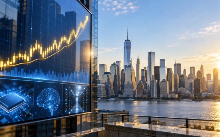 Grafico di mercato e skyline di New York che rappresentano il rialzo dell'S&P 500 guidato dalla tecnologia