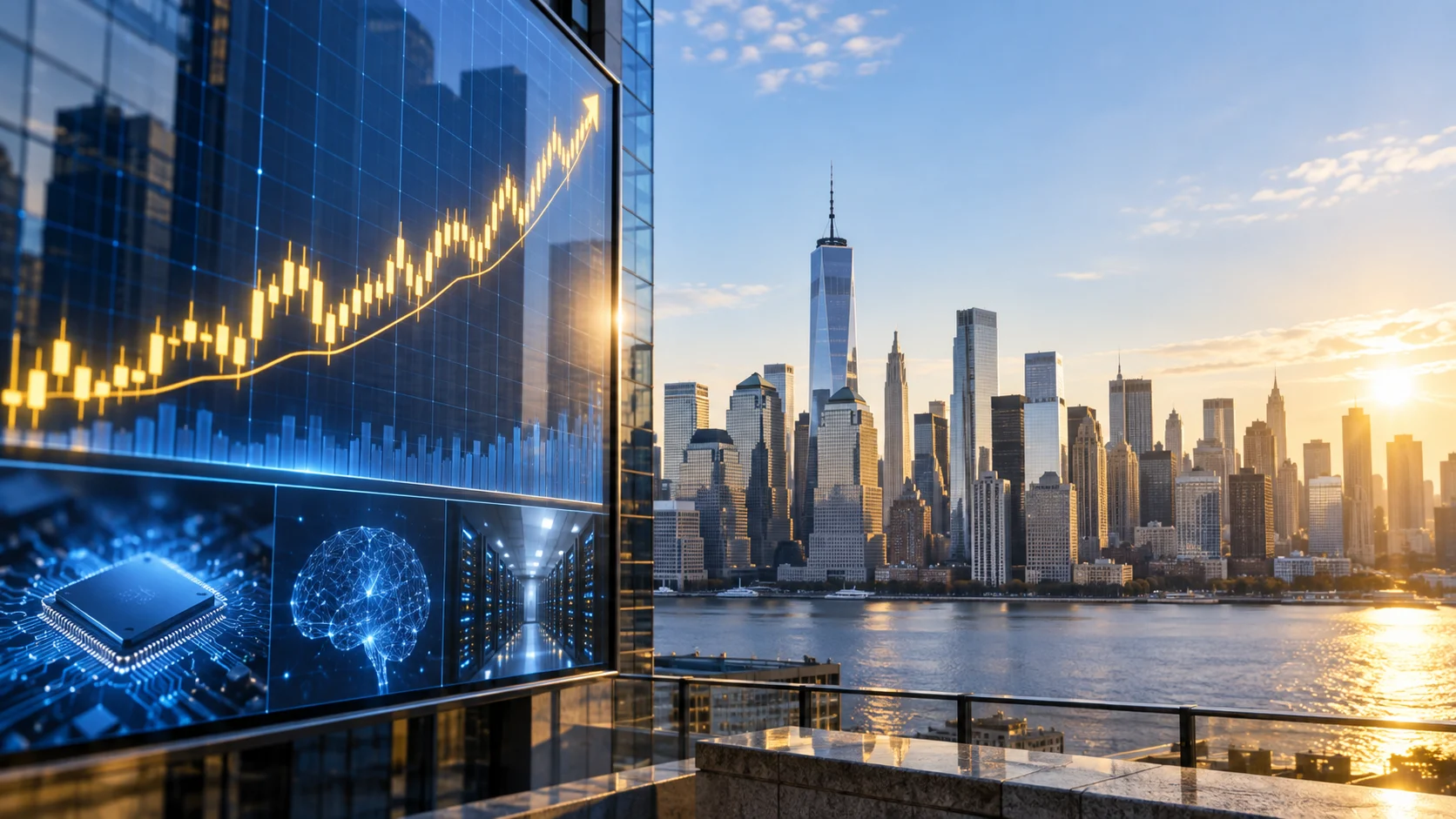 Grafico di mercato e skyline di New York che rappresentano il rialzo dell'S&P 500 guidato dalla tecnologia