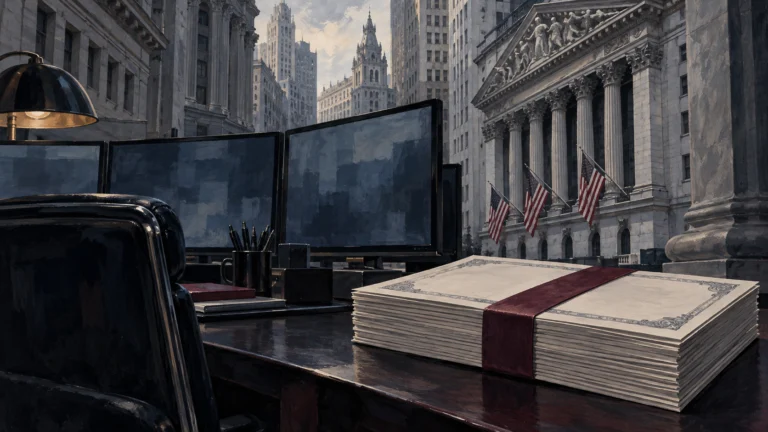 Illustrazione di Wall Street con una postazione di mercato e documenti obbligazionari simbolici