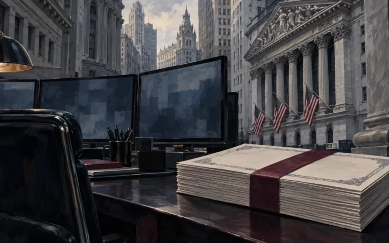 Illustrazione di Wall Street con una postazione di mercato e documenti obbligazionari simbolici