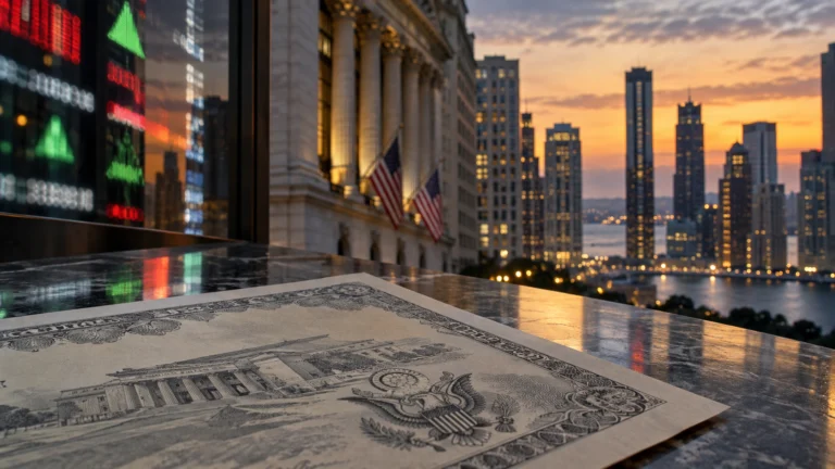 Illustrazione generata con IA di un titolo del Tesoro statunitense e del distretto finanziario di New York; nessuna quotazione reale raffigurata.