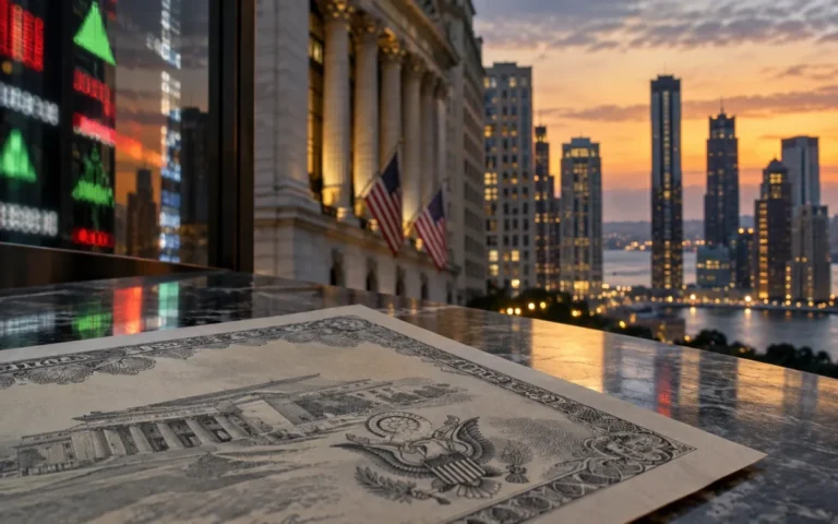 Illustrazione generata con IA di un titolo del Tesoro statunitense e del distretto finanziario di New York; nessuna quotazione reale raffigurata.