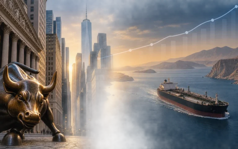 Illustrazione di Wall Street e di una petroliera con una curva astratta dei rendimenti in rialzo