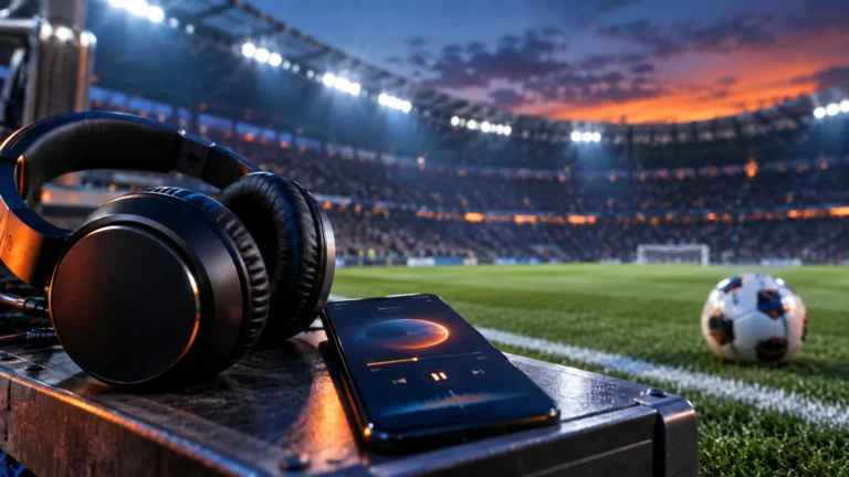 Cuffie e smartphone con musica a bordo di un campo da calcio illuminato