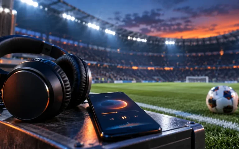 Cuffie e smartphone con musica a bordo di un campo da calcio illuminato