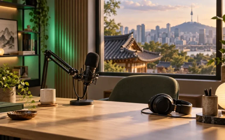 Illustrazione di uno studio per podcast con microfono e cuffie, sullo sfondo edifici di Seoul e un tetto tradizionale coreano