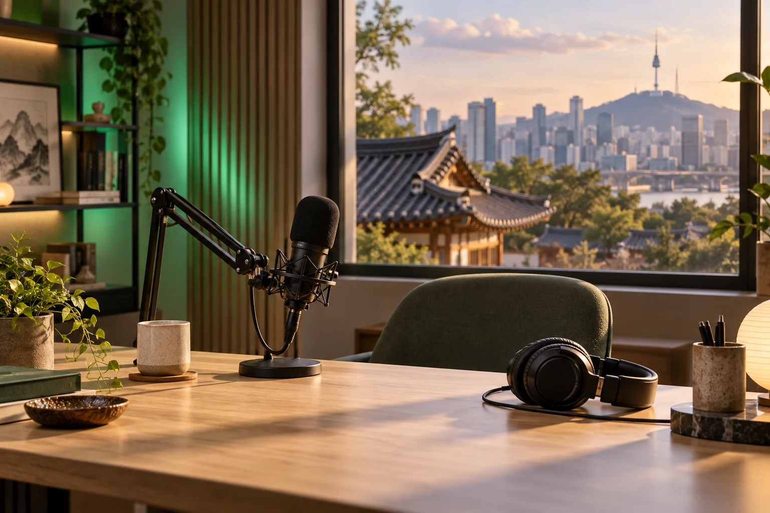 Illustrazione di uno studio per podcast con microfono e cuffie, sullo sfondo edifici di Seoul e un tetto tradizionale coreano