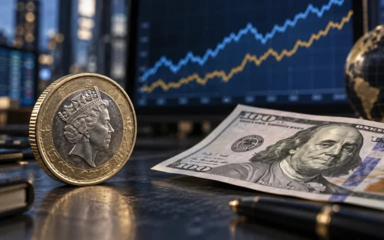 Illustrazione concettuale di una moneta sterlina e una banconota in dollari davanti a grafici finanziari