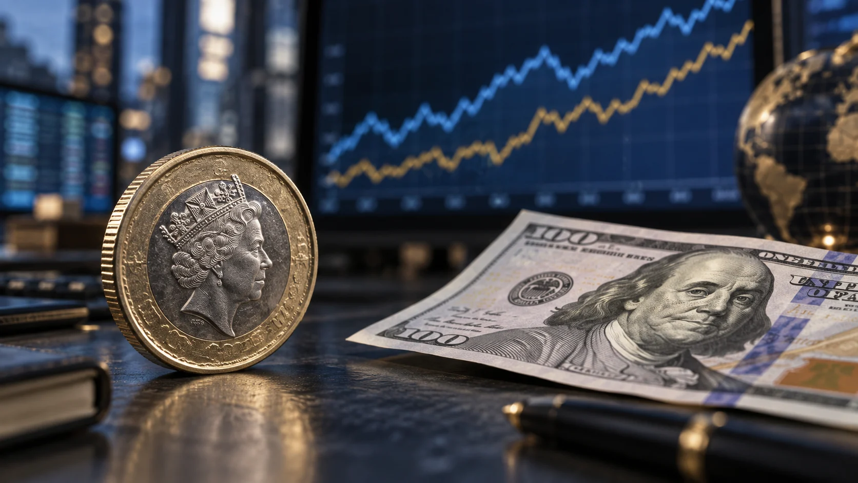 Illustrazione concettuale di una moneta sterlina e una banconota in dollari davanti a grafici finanziari